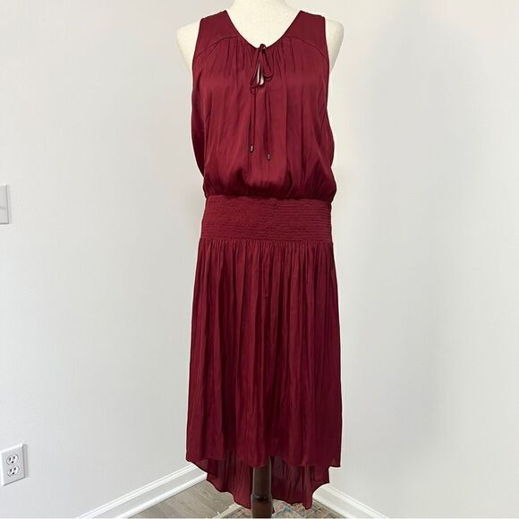 Halston Heritage Sleeveless Smocked Waist High/Low Dress Ruby Maroon XL - Picture 4 of 16